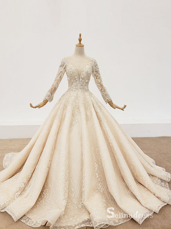 Selinadress Scoop Long Sleeve Luxury illusion Wedding Dress Princess Wedding Gowns SDW014