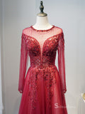 Selinadress Scoop Long Sleeve Red Long Evening Dress Formal Gowns SC087