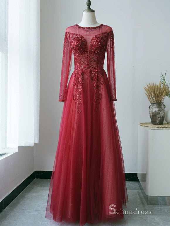 Selinadress Scoop Long Sleeve Red Long Evening Dress Formal Gowns SC087