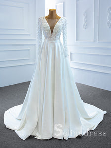 Selinadress Scoop Long Sleeve Satin Wedding Dress White Beaded Bridal Gowns SPL67197|Selinadress