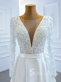 Selinadress Scoop Long Sleeve Satin Wedding Dress White Beaded Bridal Gowns SPL67197|Selinadress