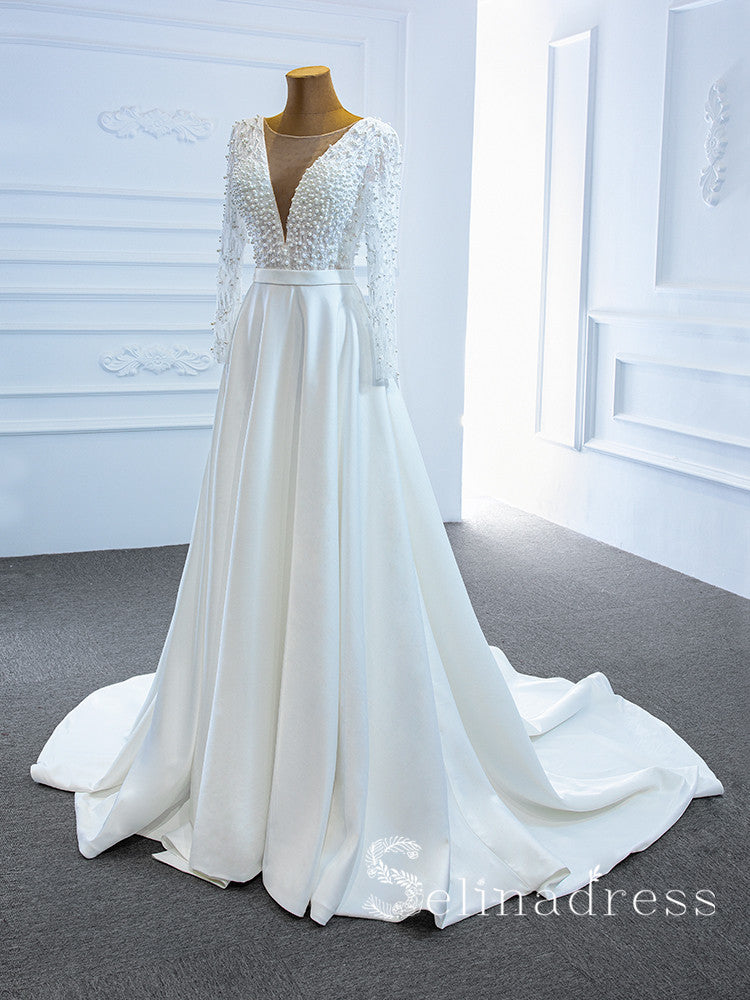 Selinadress Scoop Long Sleeve Satin Wedding Dress White Beaded Bridal SELINADRESS Selinadress Scoop Long Sleeve Satin Wedding Dress White Beaded Bridal SELINADRESS