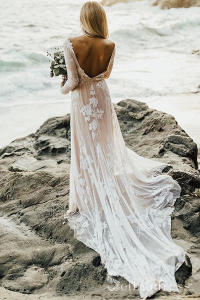 Sheath Rustic Lace Beach Wedding Dress With Long Sleebe Bridal Wedding Dresses SEW069 SELINADRESS Sheath Rustic Lace Beach Wedding Dress With Long Sleebe Bridal Wedding Dresses SEW069 SELINADRESS