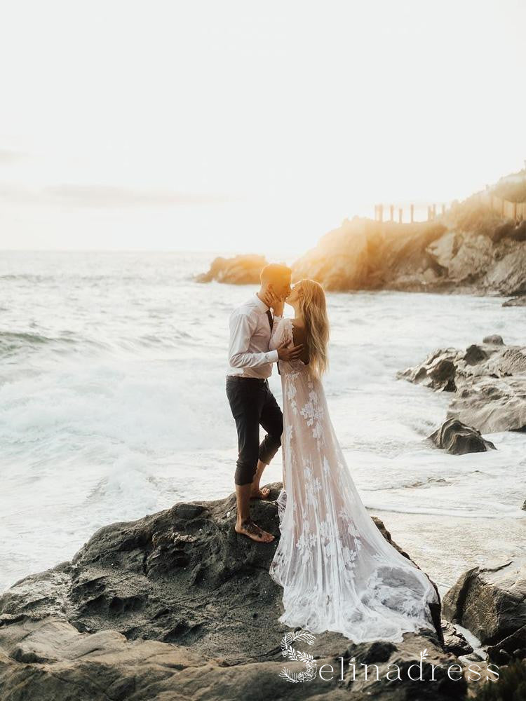 Sheath Rustic Lace Beach Wedding Dress With Long Sleebe Bridal Wedding Dresses SEW069 SELINADRESS Sheath Rustic Lace Beach Wedding Dress With Long Sleebe Bridal Wedding Dresses SEW069 SELINADRESS