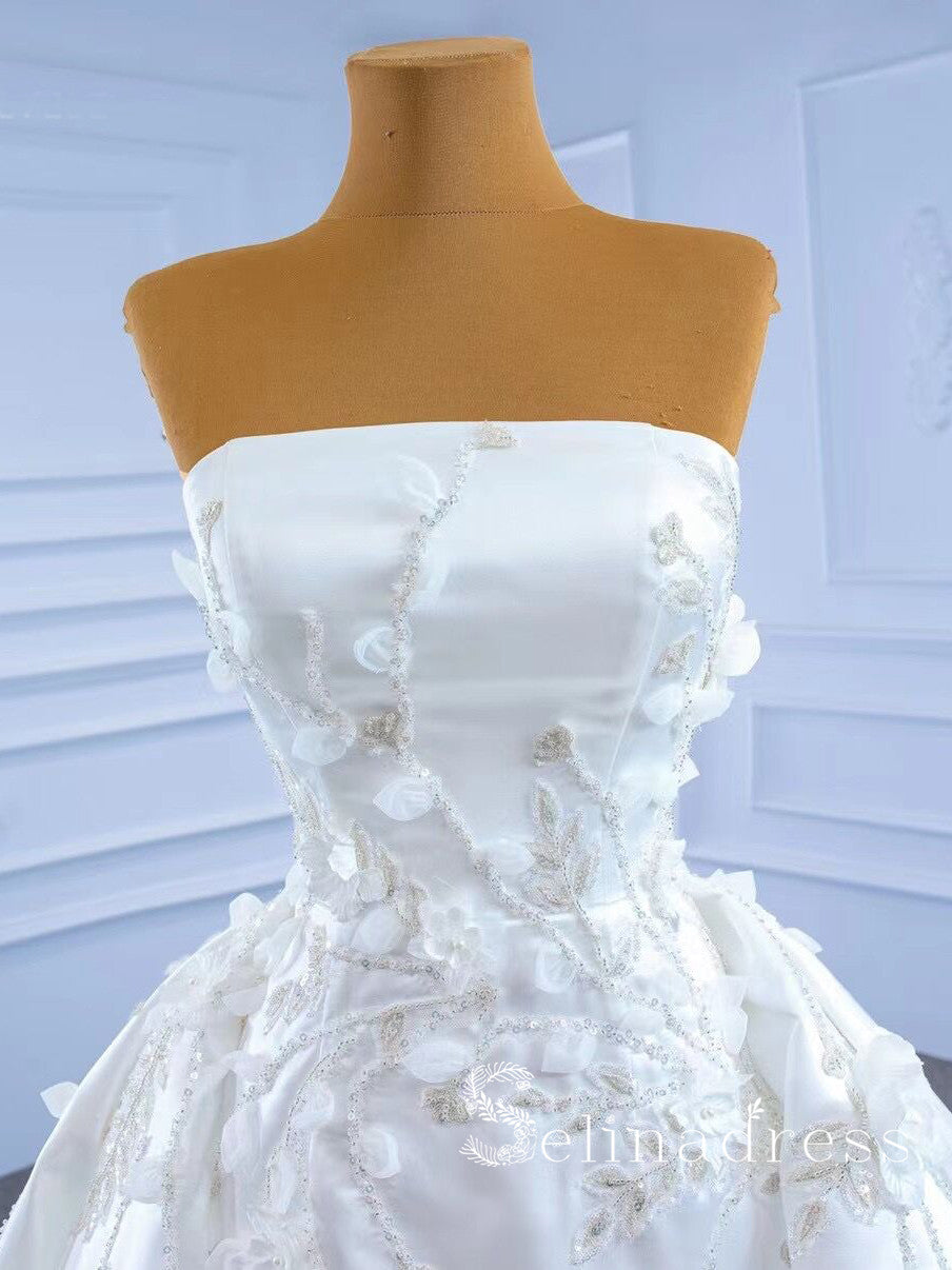 Selinadress Strapless Satin Wedding Dress White Applique Beaded