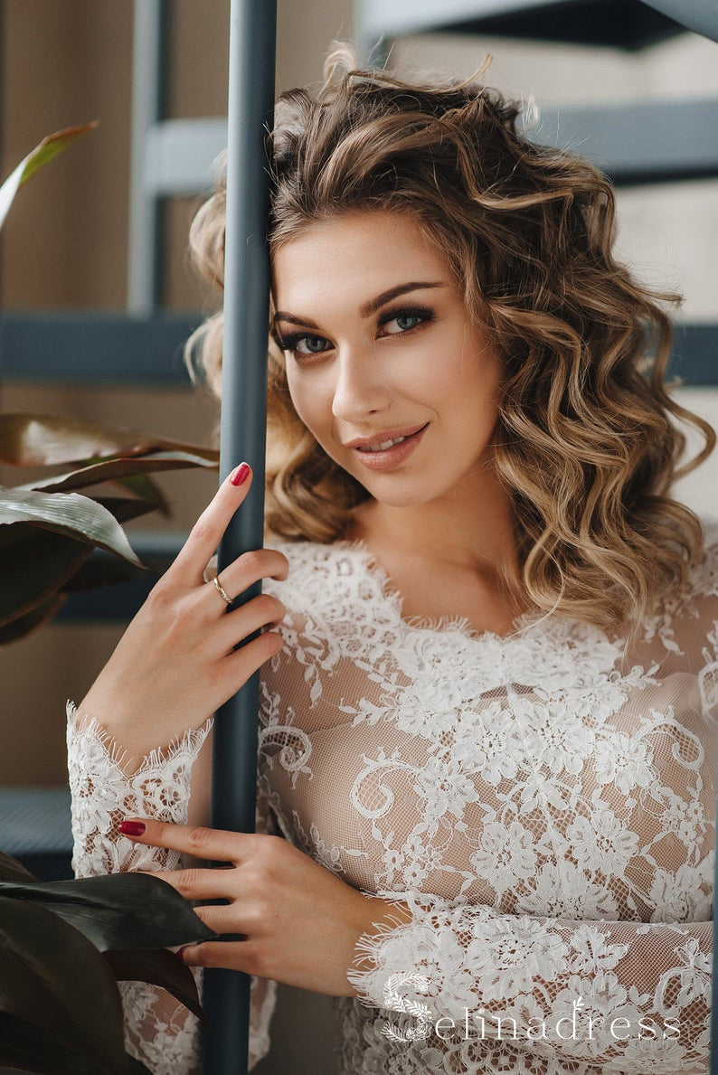 Two Pices Cheap Rustic Lace Country Wedding Dress With Long Sleeve Wedding Dresses SEW067 Two Pices Cheap Rustic Lace Country Wedding Dress With Long Sleeve Wedding Dresses SEW067