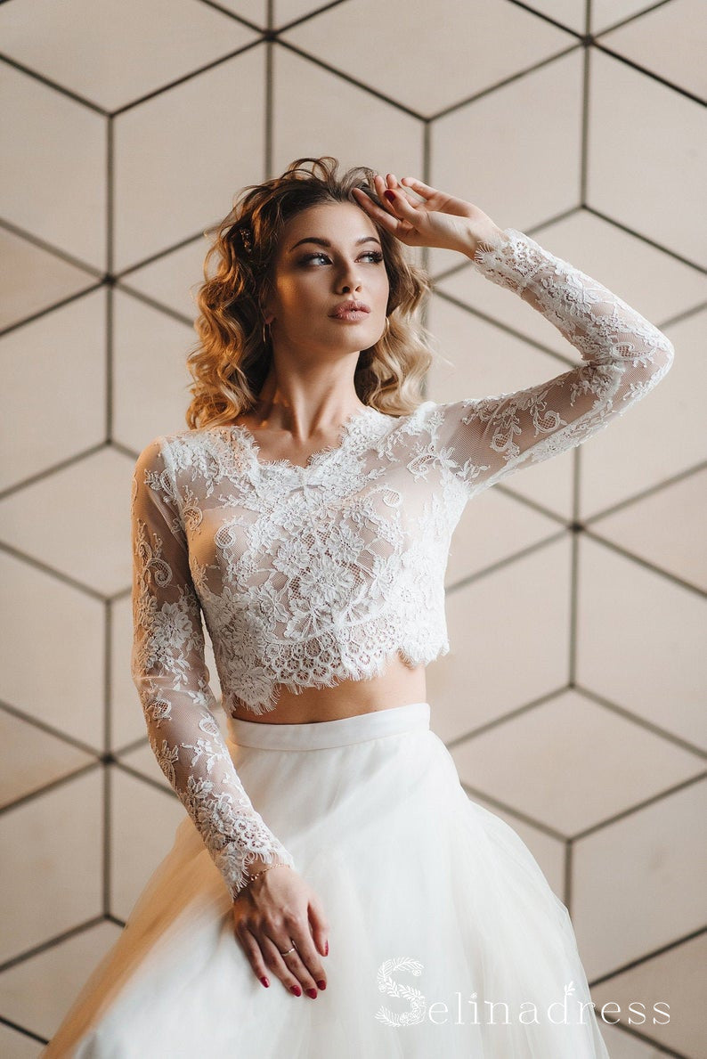 Two Pices Cheap Rustic Lace Country Wedding Dress With Long Sleeve Wedding Dresses SEW067 Two Pices Cheap Rustic Lace Country Wedding Dress With Long Sleeve Wedding Dresses SEW067