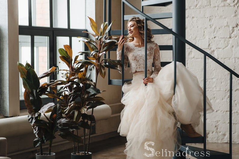 Two Pices Cheap Rustic Lace Country Wedding Dress With Long Sleeve Wedding Dresses SEW067 SELINADRESS Two Pices Cheap Rustic Lace Country Wedding Dress With Long Sleeve Wedding Dresses SEW067 SELINADRESS