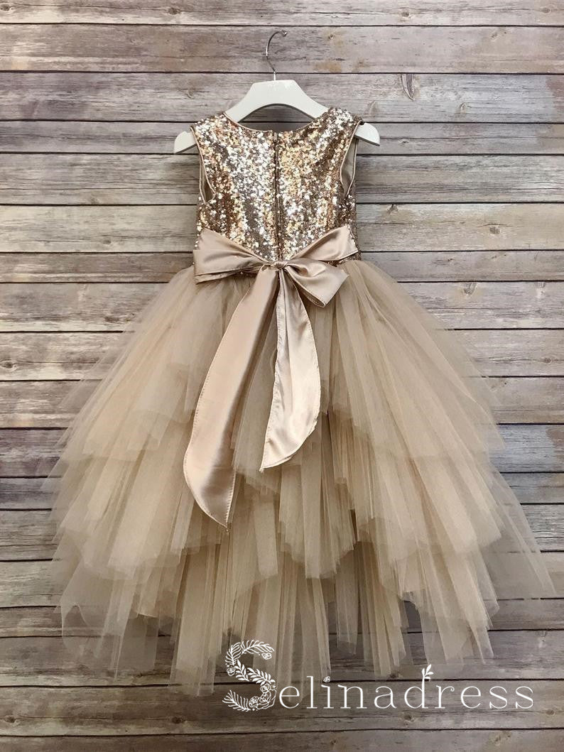 Sequin Top Flower Girl Glam Dress Gold Big Bow Flower Girl Dresses GRS019B Sequin Top Flower Girl Glam Dress Gold Big Bow Flower Girl Dresses GRS019B