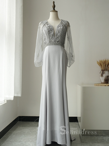 Sheath/Column Beaded Gray Long Prom Dress luxurious Evening Gowns ASB002|Selinadress