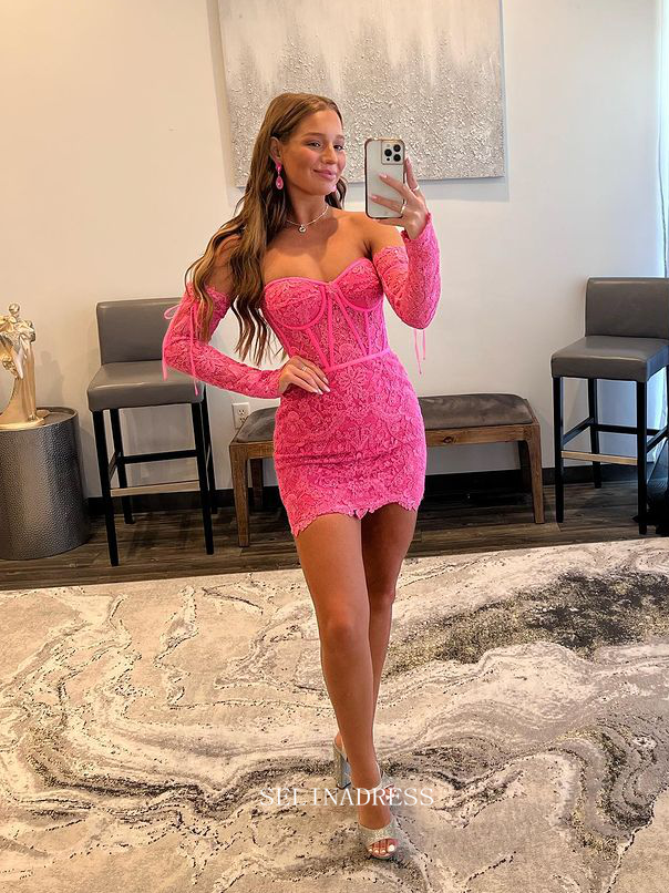Sheath/Column Burgundy Homecoming Dresses Lace Detachable Sleeves Mini SELINADRESS Sheath/Column Burgundy Homecoming Dresses Lace Detachable Sleeves Mini SELINADRESS