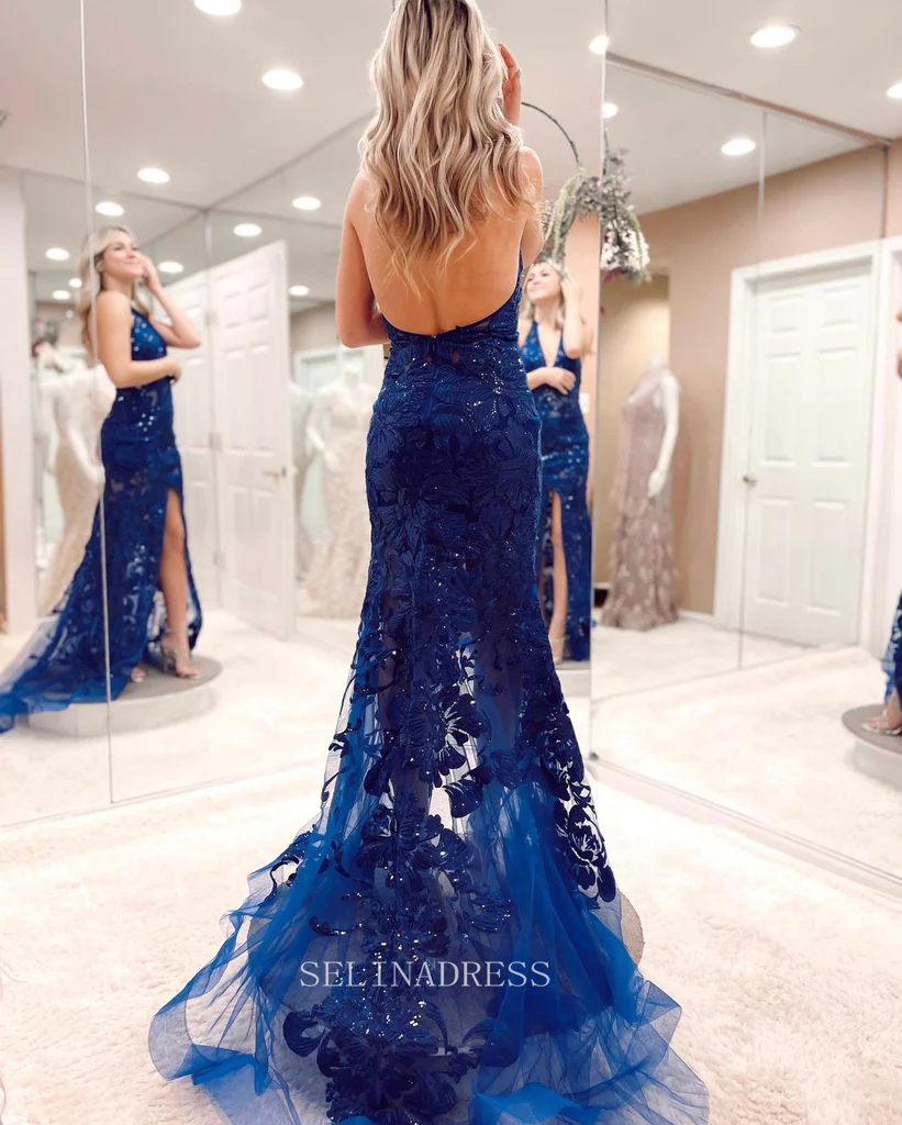 Sheath/Column Halter Blue Prom Dress Lace Unique Long Formal Dresses K SELINADRESS Sheath/Column Halter Blue Prom Dress Lace Unique Long Formal Dresses K SELINADRESS