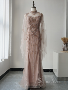 Sheath/Column High Neck Long Sleeve Beaded Long Prom Dress luxurious Dubai Evening Gowns ASB004|Selinadress
