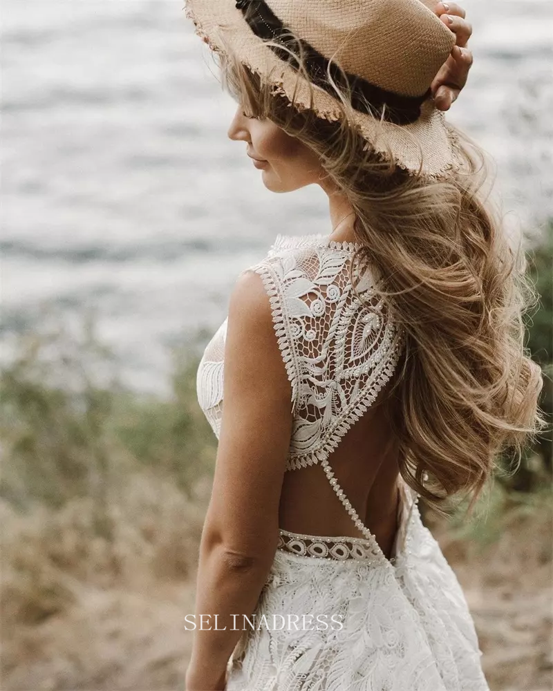 Sheath Lace Wedding Dresse Sleeveless Boho Custom Wedding Dress GRDK00 SELINADRESS Sheath Lace Wedding Dresse Sleeveless Boho Custom Wedding Dress GRDK00 SELINADRESS