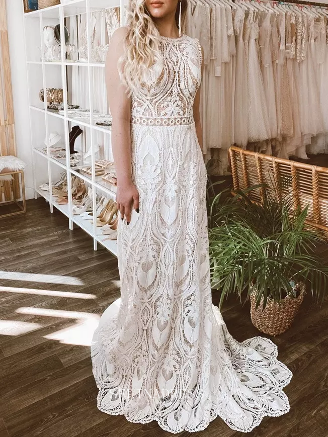 Sheath/Column Long Sleeve Boho Wedding Dresses Open Back Rustic Wedding Dress KPY060|Selinadress