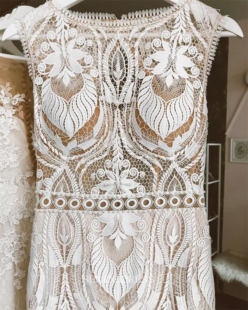 Sheath/Column Long Sleeve Boho Wedding Dresses Open Back Rustic Wedding Dress KPY060|Selinadress