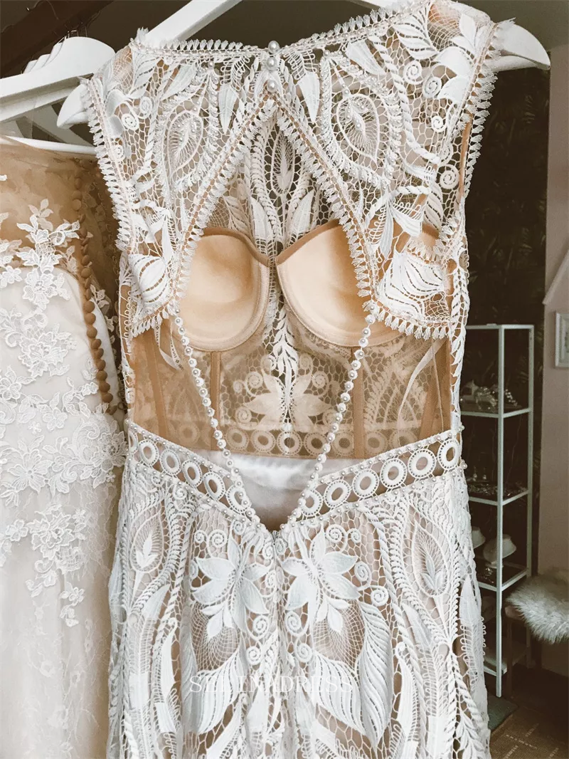 Sheath/Column Long Sleeve Boho Wedding Dresses Open Back Rustic Wedding Dress KPY060|Selinadress