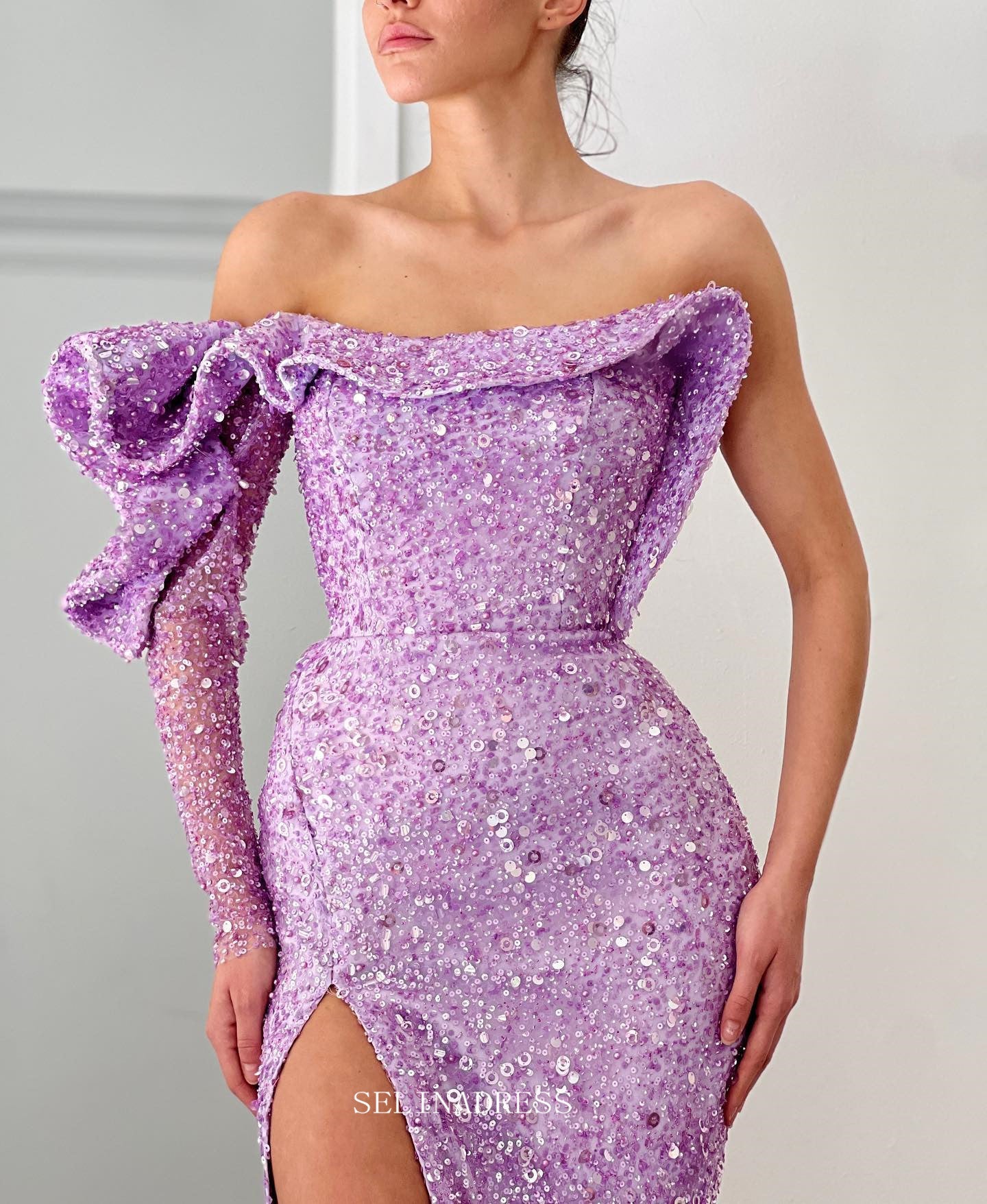 purple off the shoulder sequin dress Beautiful Lilac V-Neck Off-The-Shoulder Sequins Prom Dress Mermaid Column With Beads