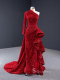Sheath/Column One Shoulder Long Sleeve Sequins Prom Dress Long Evening Gowns GRB056|Selinadress