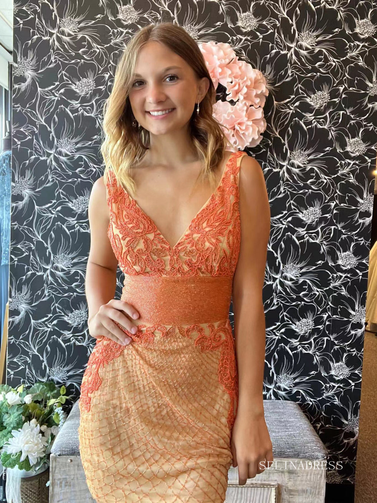 Sheath/Column Orange Beaded Homecoming Dresses V neck Bodycon Mini Coc SELINADRESS Sheath/Column Orange Beaded Homecoming Dresses V neck Bodycon Mini Coc SELINADRESS