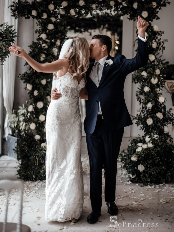 Sheath/Column Spaghetti Straps Lace Wedding Dresses Cheap Wedding Gowns SDL017