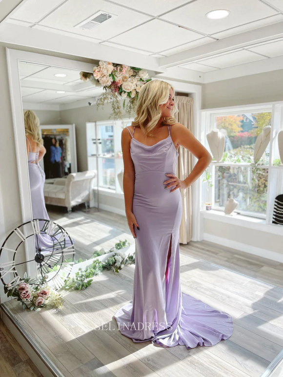 Sheath/Column Spaghetti Straps Long Formal Dress Cheap Lilac Prom Dresses KPY024|Selinadress