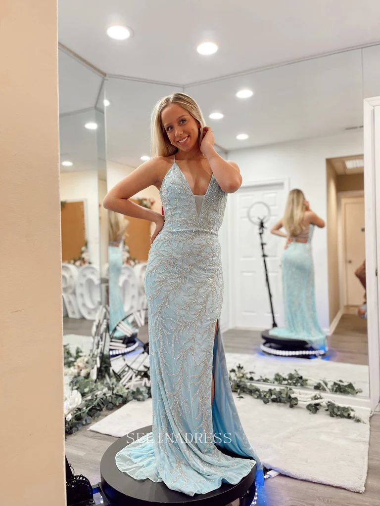 Sheath/Column Spaghetti Straps Long Prom Dress Beaded Formal Dresses E – SELINADRESS