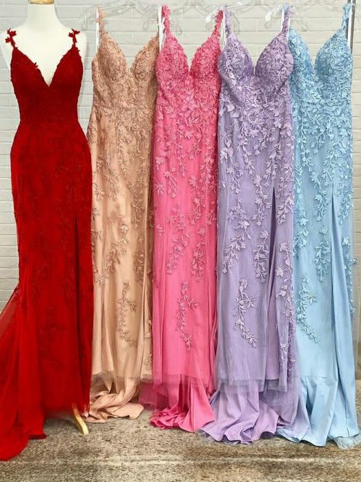 Sheath/Column Straps Lace Applique Long Prom Dresses Formal Gowns SDL0896