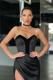 Sheath/Column V neck Black Prom Dress Split Satin Long Evening Gowns Formal Dress #POL046