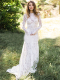 Sheath Long Sleeve Wedding Dresses Ivory Lace Wedding Dresses GRDK004|Selinadress