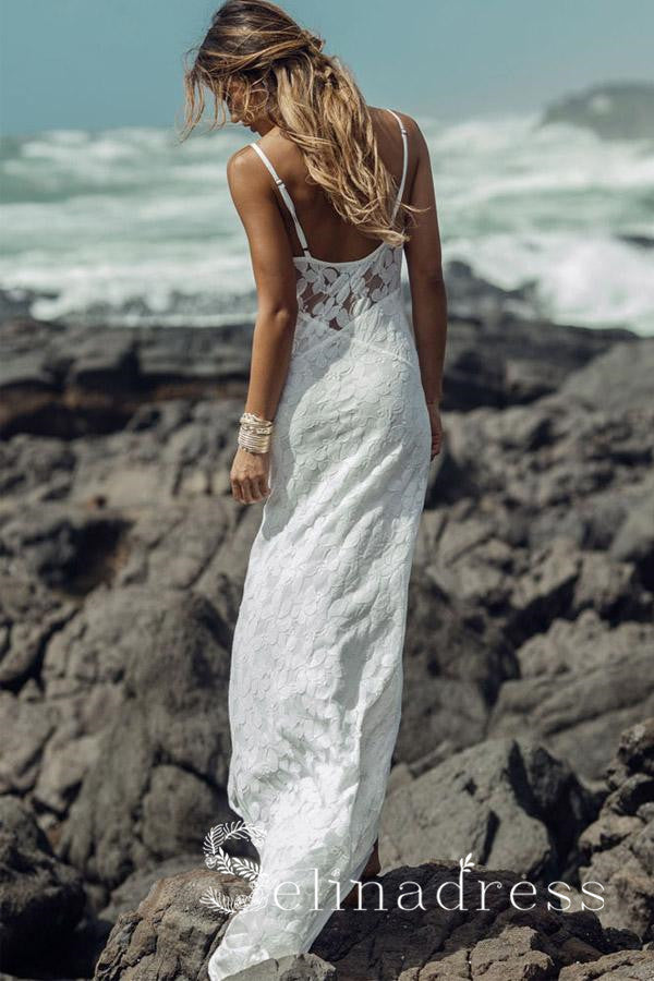 Sheath Spaghetti Straps Rustic Lace Wedding Dresses Beach Wedding Dress SEW047 – SELINADRESS