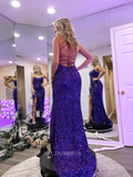 Sheath Spaghetti Straps Sparkly Long Formal Dress Royal Blue Sequins Prom Dresses KPY025|Selinadress