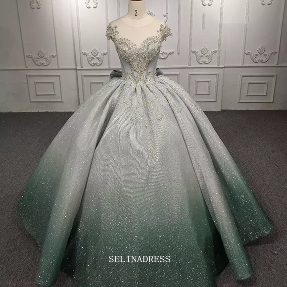 Short Sleeve Ombre Ball Gown Green Prom Dress Beaded Pageant Dress DY1109