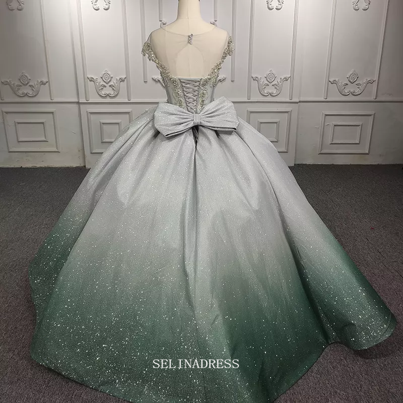 Short Sleeve Ombre Ball Gown Green Prom Dress Beaded Pageant Dress DY1 SELINADRESS Short Sleeve Ombre Ball Gown Green Prom Dress Beaded Pageant Dress DY1 SELINADRESS