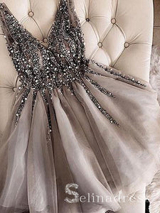Silver V neck Sparkly Beaded Homecoming Dress Gorgeous Short Prom Drsess HML014|Selinadress