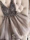 Silver V neck Sparkly Beaded Homecoming Dress Gorgeous Short Prom Drsess HML014|Selinadress
