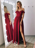 Simple Burgundy Off-the-shoulder Long Prom Dress Split Cheap Evening Dress SED134