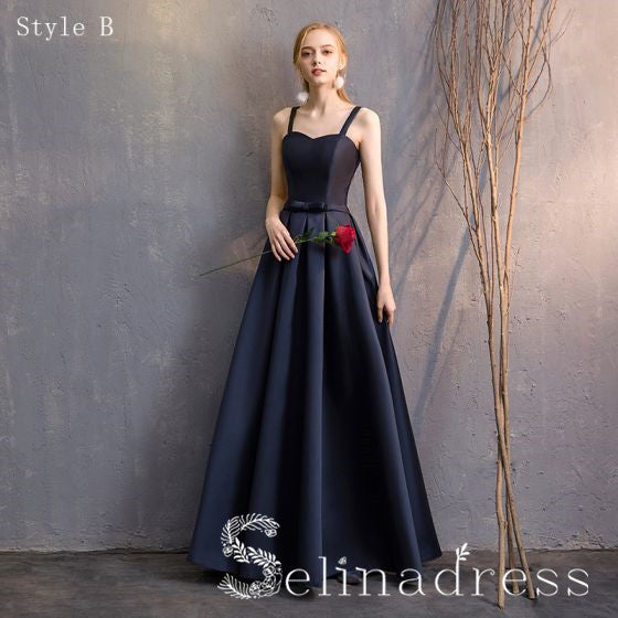 Simple Navy Blue A-Line Princess Bridesmaid Dresses Backless Long Wedd SELINADRESS Simple Navy Blue A-Line Princess Bridesmaid Dresses Backless Long Wedd SELINADRESS