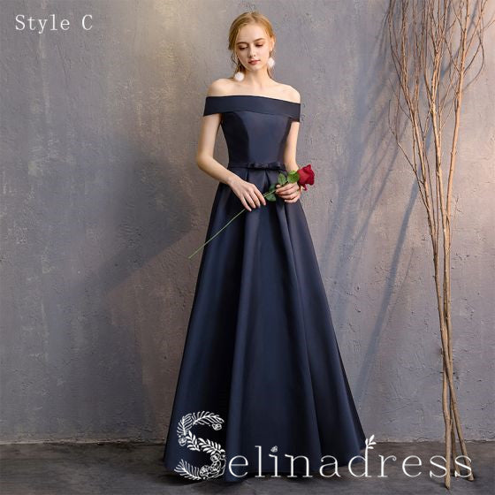 Simple Navy Blue A-Line Princess Bridesmaid Dresses Backless Long Wedd SELINADRESS Simple Navy Blue A-Line Princess Bridesmaid Dresses Backless Long Wedd SELINADRESS