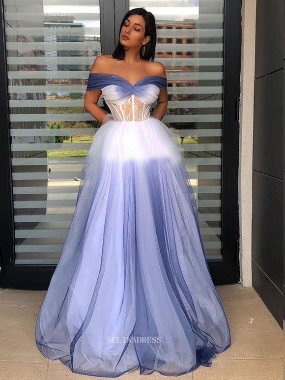 Simple Off-the-shoulder Ombre Long Prom Dresses Blue Evening Dress Formal Dresses POL001|Selinadress