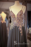 Spaghetti Straps A-line Beaded Long Prom Dresses Gray Formal Evening Gowns SED079|Selinadress