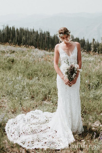 Spaghetti Straps Backless Wedding Dresses Rustic Lace Country Wedding Dress SEW049 SELINADRESS Spaghetti Straps Backless Wedding Dresses Rustic Lace Country Wedding Dress SEW049 SELINADRESS