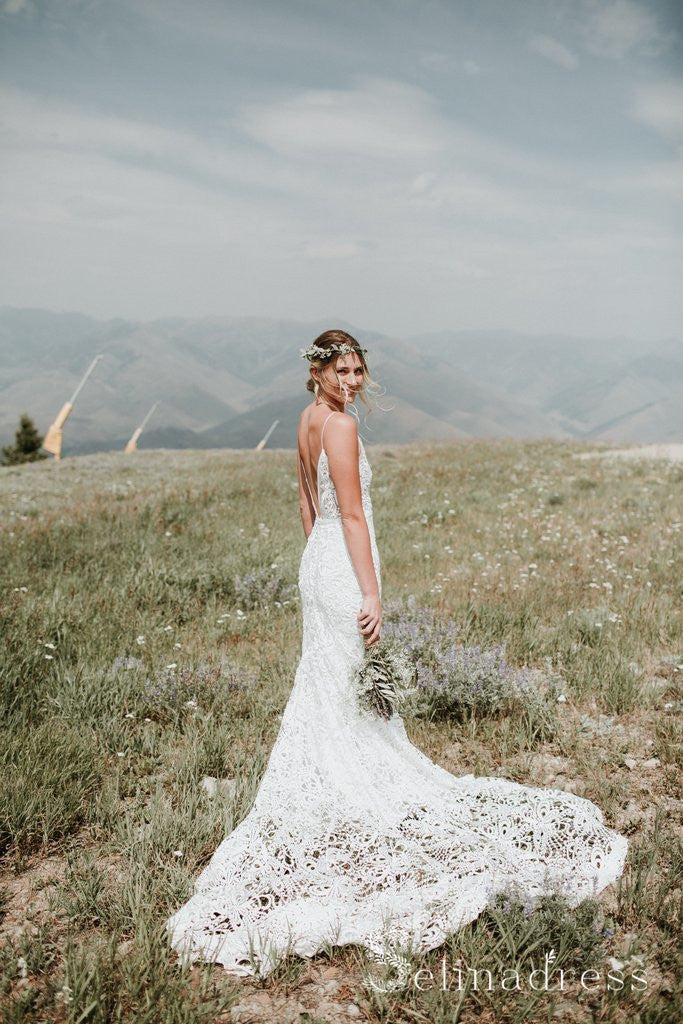Spaghetti Straps Backless Wedding Dresses Rustic Lace Country Wedding Dress SEW049 Spaghetti Straps Backless Wedding Dresses Rustic Lace Country Wedding Dress SEW049