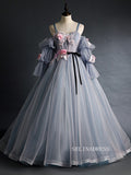 Spaghetti Straps Ball Gown Long Puff Sleeve Prom Dress With Flower Princess Quinceanera YUU007|Selinadress