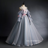 Spaghetti Straps Ball Gown Long Puff Sleeve Prom Dress With Flower Princess Quinceanera YUU007|Selinadress