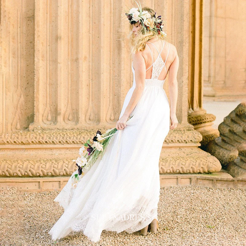 Floor Length Spaghetti Straps Beach Wedding Dress with Lace, Simple Bridal Dress UQ2444