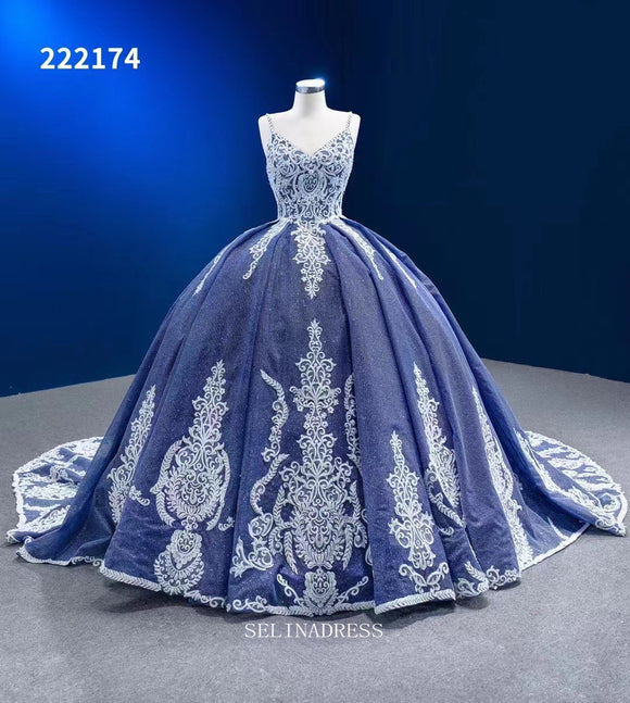 Spaghetti Straps Blue Prom Dress Ball Gown Vintage Pageant Dress RSM222174|Selinadress