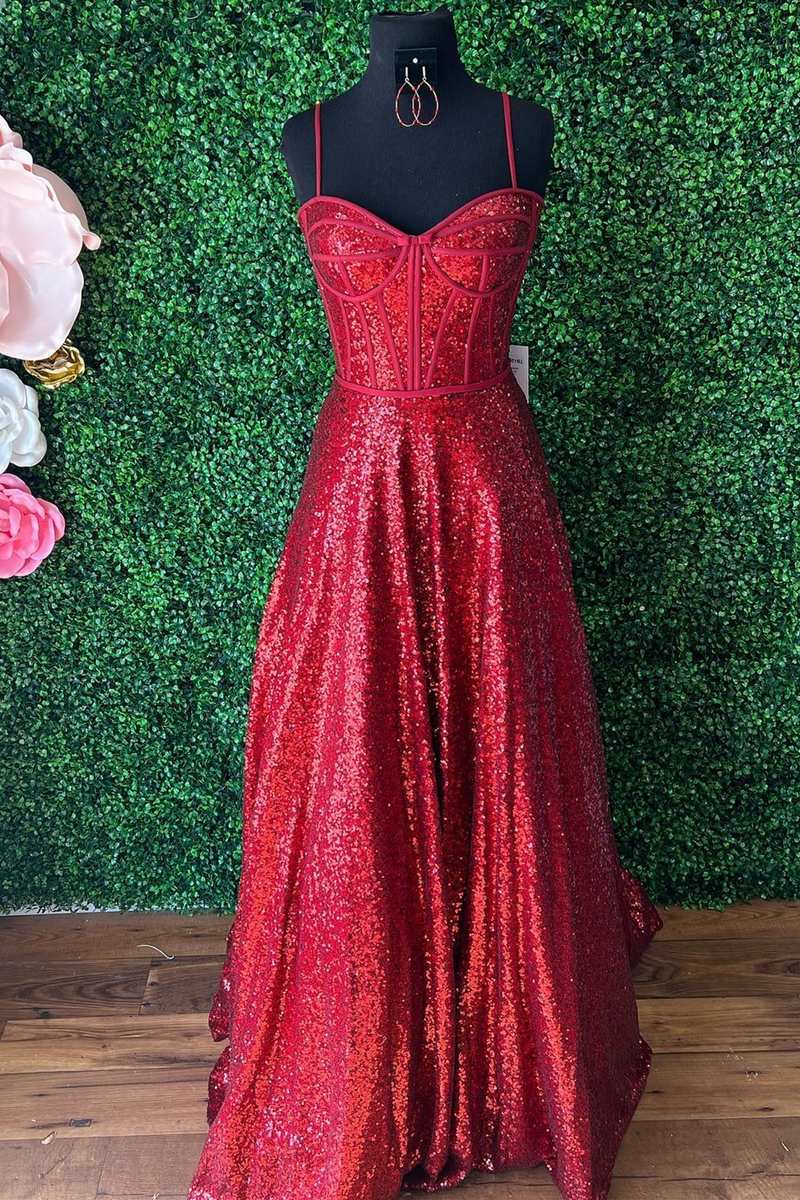 Spaghetti Straps Red Prom Dress Floor Length Sequins Evening Dresses # SELINADRESS Spaghetti Straps Red Prom Dress Floor Length Sequins Evening Dresses # SELINADRESS