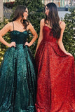 Spaghetti Straps Burgundy Prom Dress Floor Length Sequins Evening Dresses #QWE019|Selinadress
