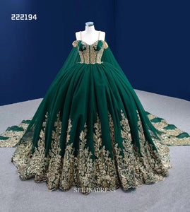 Spaghetti Straps Dark Green Prom Dress Ball Gown Beaded Pageant Dress RSM222194